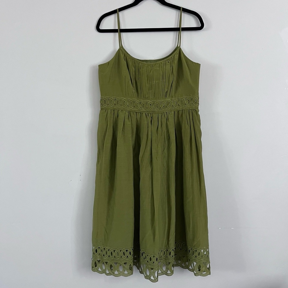 Jones New York A-line Embroidered Spaghetti Strap Dress, Olive Green, Size 12